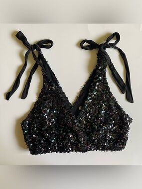 NWT Free People Black Sequin Tie-Strap Bralette Crop Top with adjustable ties